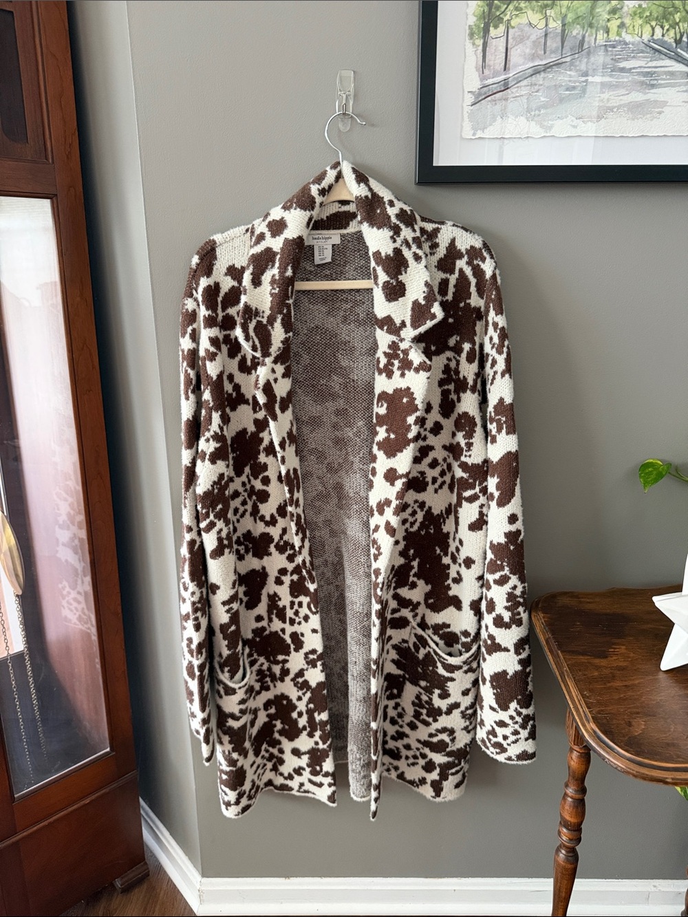 Haute Hippie Brown and White Cow-Print Open Cardigan. Size XL